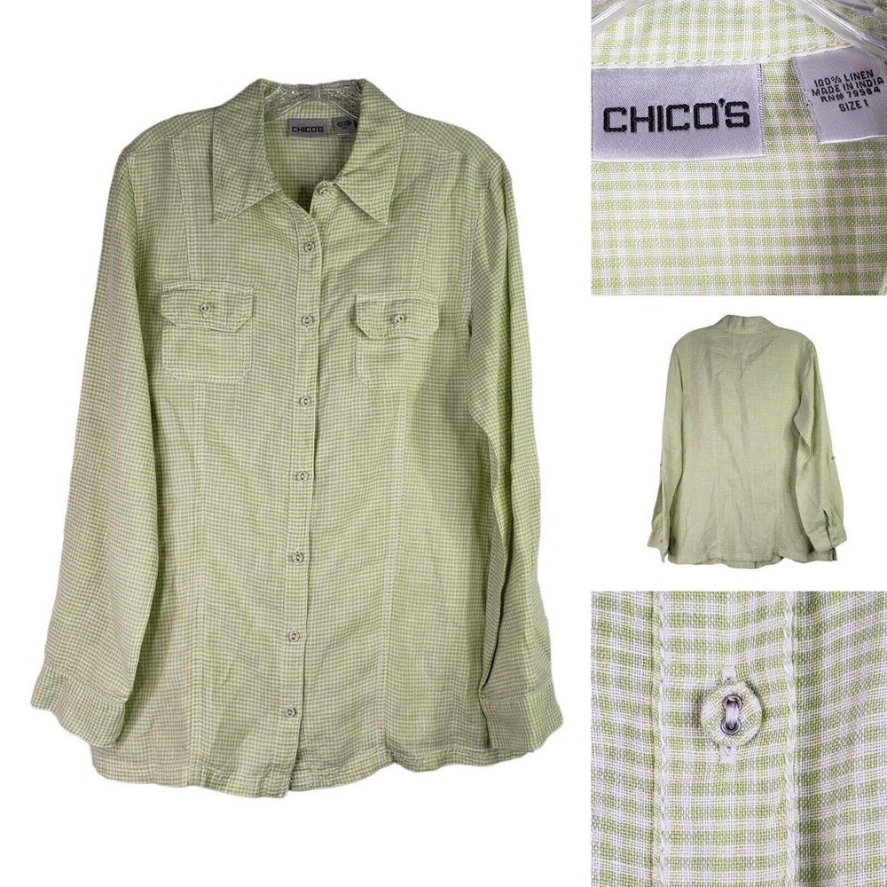 Chicos Design Shirt Linen Boxy Gingham Plaid Long Sleeve Button Up 1 Medium